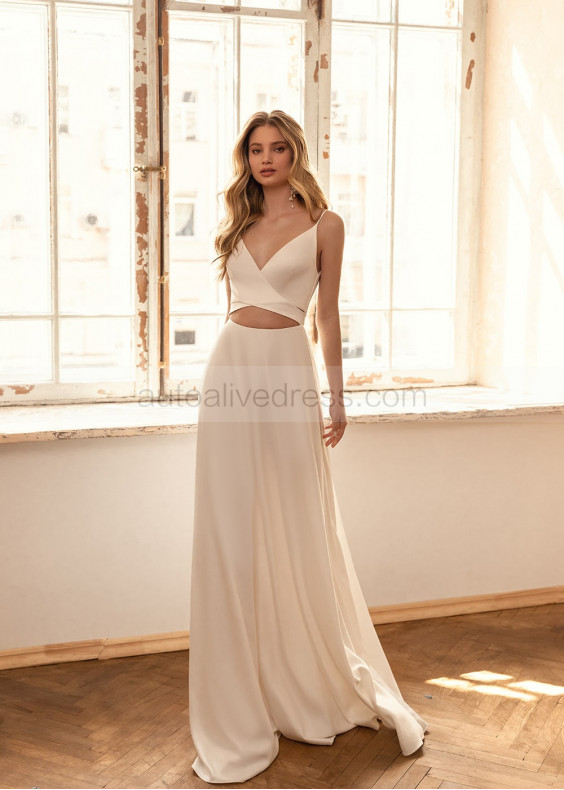 V Neck Ivory Satin Cutouts Laconic Wedding Dress